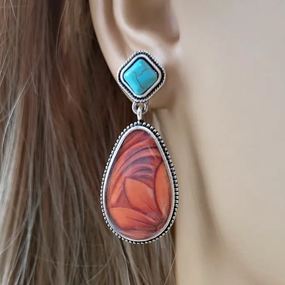 Vintage Look Blue Turquoise, Faux, Western, Sunflower Drop Cowgirl Earrings